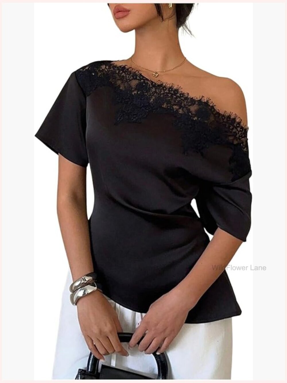Off Shoulder Satin Blouse Lace Trim Dolman Sleeve Asymmetrical Date Night Top